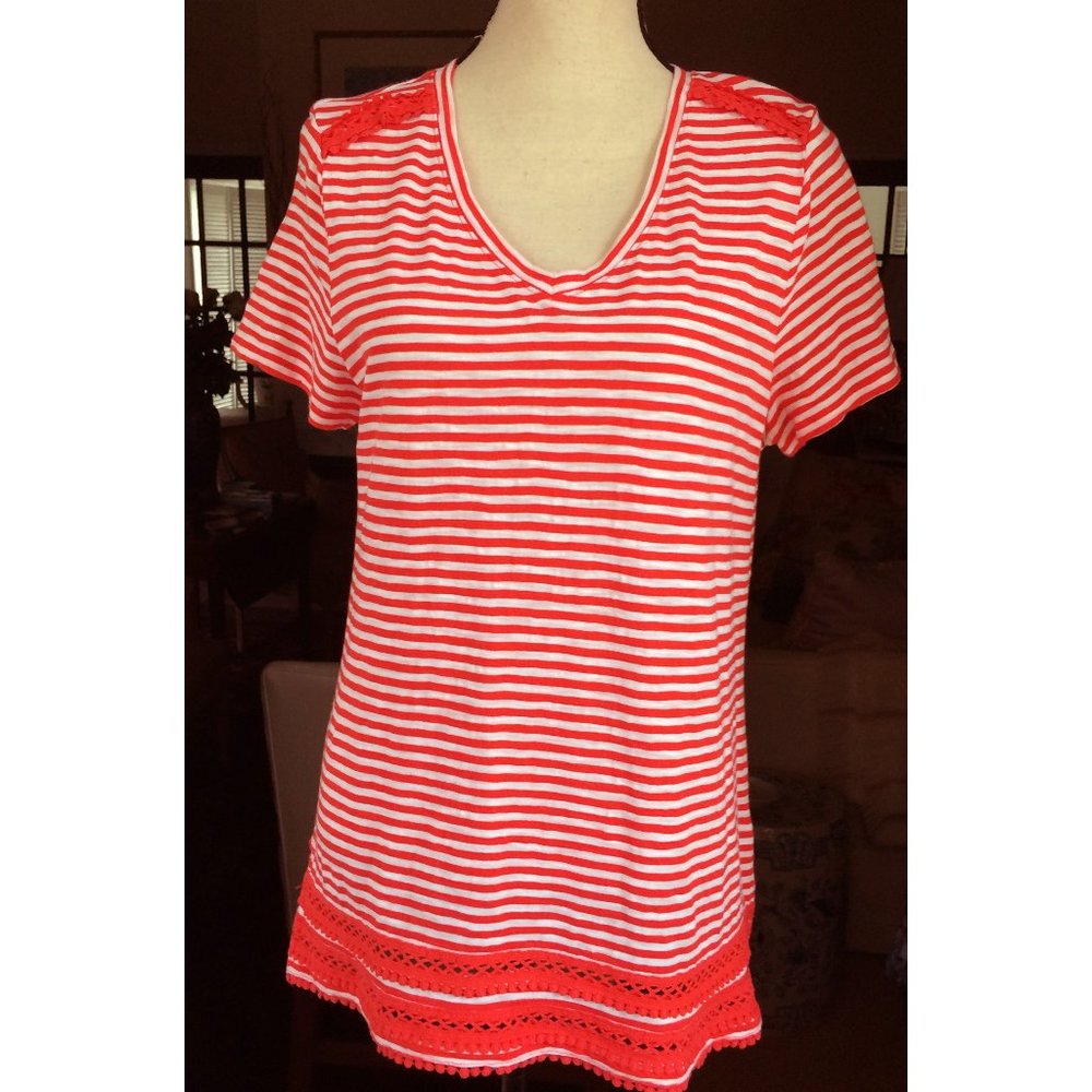 Talbots Women's Top Stripes Crochet Red Size L